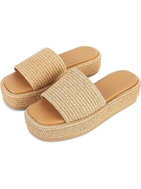 Women's Natural Leather Woven Wedges Beach Slip On Comfortable Casual Platform